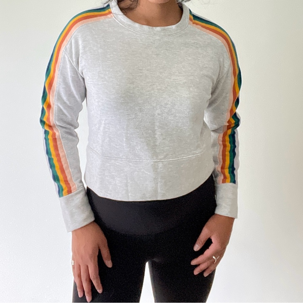 Madewell Crop Sweatshirt with Retro Rainbow Striped Sleeves
